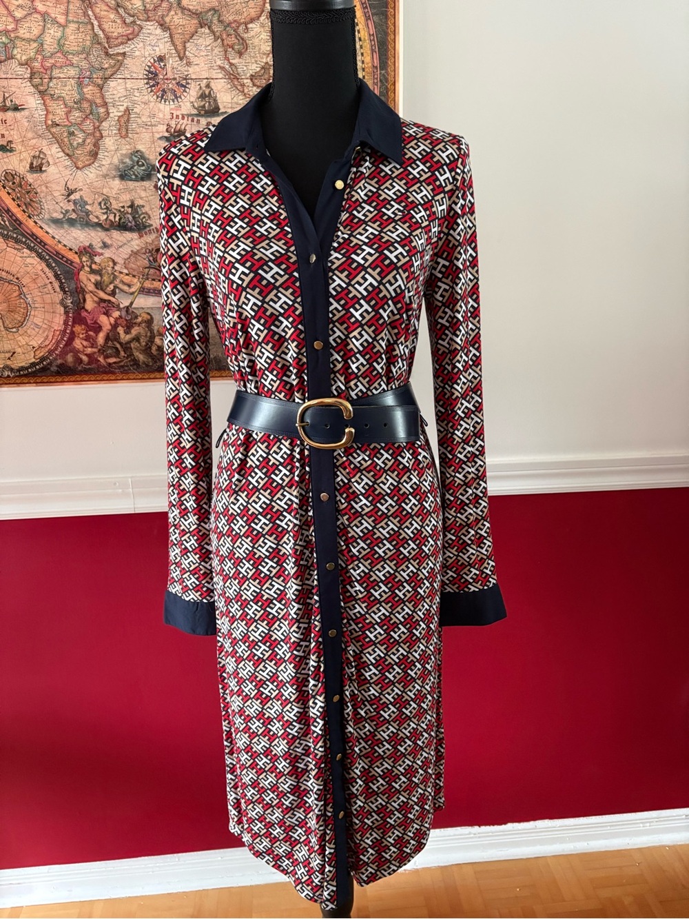 NWOT Tommy Hilfiger Red, Navy and White Geometric Midi Shirt Dress